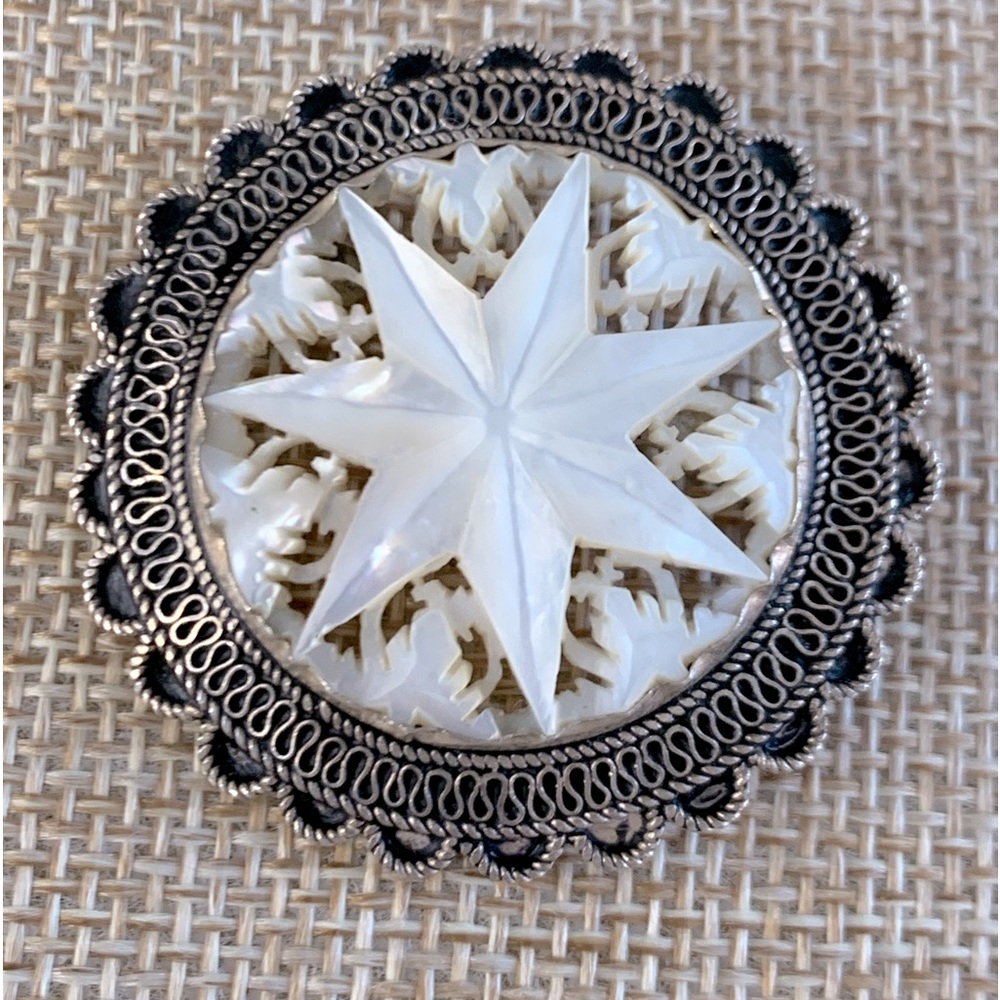 Rare Vintage 950 Sterling Silver Jerusalem Carved Mother Of Pearl Brooch…